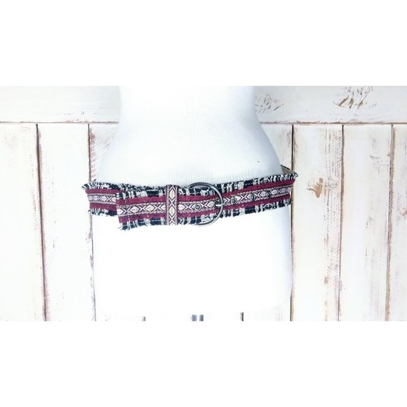 90s Aztec tribal print woven cloth fringe belt - Picture 1 of 3